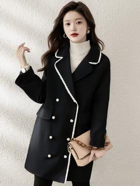 【高端系列】手工定制2635款100%羊毛小香风蕾丝边中长双面尼大衣-喜出