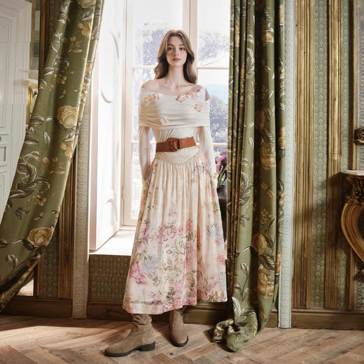 香槟粉美丽诺慕斯羊毛混纺假两件花朵上衣 商品图1