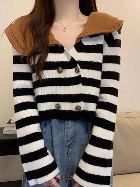 【孤品捡漏】G42黑白条拼咖色翻领短款针织毛衣-喜出