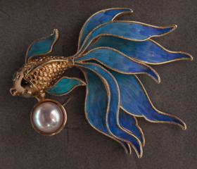 花丝镶嵌(金鱼胸针）     珍珠