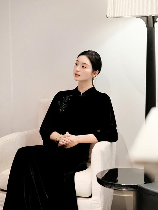 盛唐婧| 重磅真丝绒重工珠绣七分袖连衣裙 商品图6