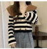 【孤品捡漏】G42黑白条拼咖色翻领短款针织毛衣-喜出 商品缩略图1