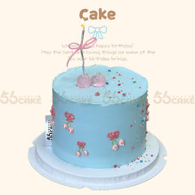 蓝色绘画樱桃蛋糕（送银色弯曲蜡烛）