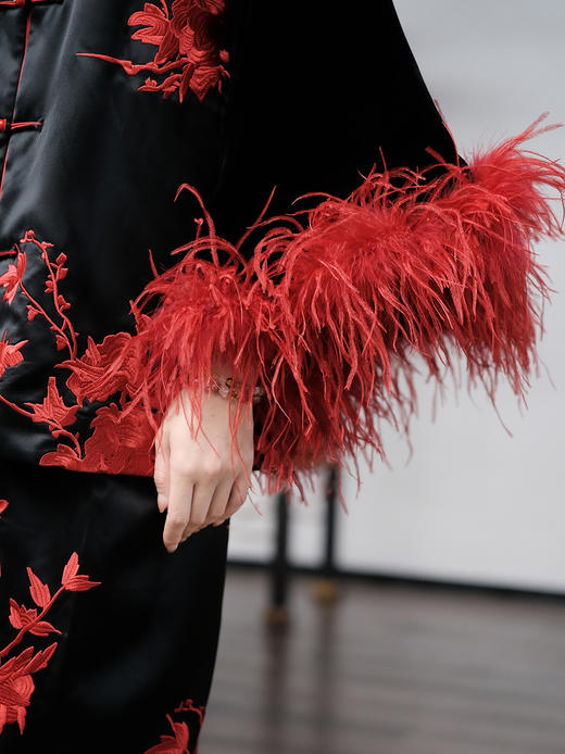 盛唐婧| 重磅三醋酸刺绣拼真丝绒驼鸟毛外套-红色 商品图2