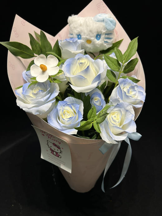 新鲜鲜花 凯蒂猫碎冰蓝花束 11朵碎冰蓝玫瑰+配草 鲜花花束（可备注送货时间） 商品图1