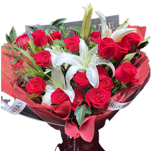 【爱在七夕】新鲜鲜花 红玫百合热恋12朵红玫瑰+2枝百合+配草（可备注送货时间） 商品图0