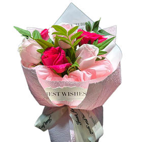 【爱在七夕】新鲜鲜花 双色玫瑰粉花束4朵粉玫瑰+3朵红玫瑰+配草 鲜花花束（可备注送货时间）