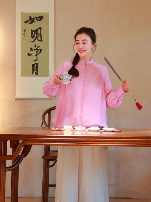 【抖音专属】凝香·新中式衬衣（25710052莲红-结缘款） 商品图0