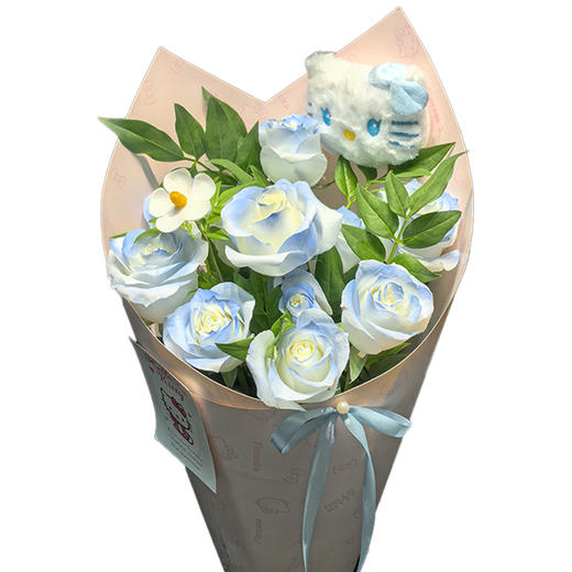 新鲜鲜花 凯蒂猫碎冰蓝花束 11朵碎冰蓝玫瑰+配草 鲜花花束（可备注送货时间） 商品图0