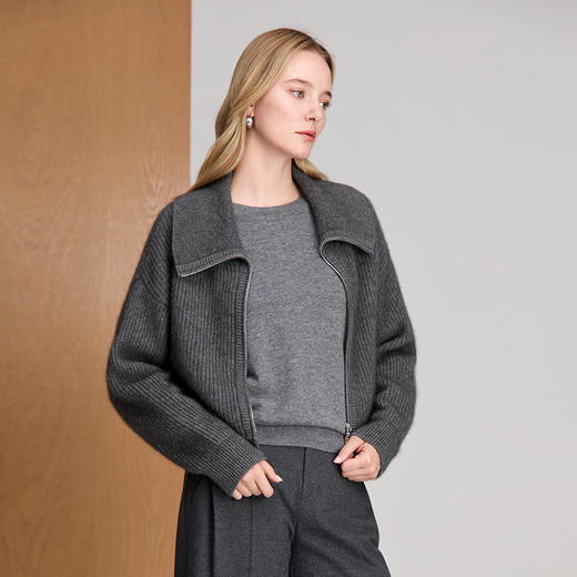 EITIE爱特爱大翻领长袖金属双头拉链慵懒感针织衫8401113 商品图5