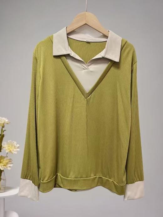 仅限11.11，不参与退【孤品捡漏】（样衣）G89假两件拼色绿色针织长袖衫-喜出 商品图1