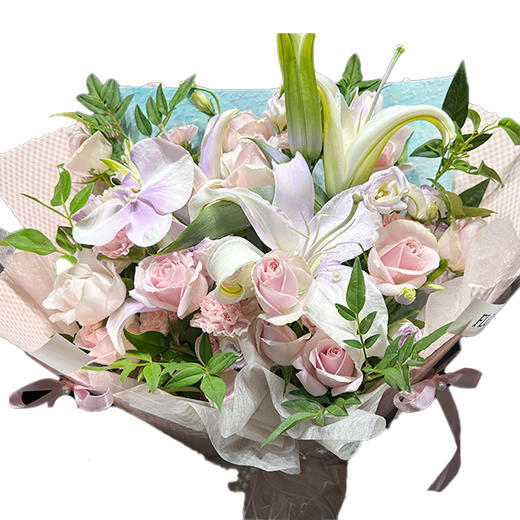 【爱在七夕】新鲜鲜花  粉白浪漫花束33朵粉玫瑰+香水百合2枝+蝴蝶兰1朵+配草 鲜花花束（可备注送货时间） 商品图0