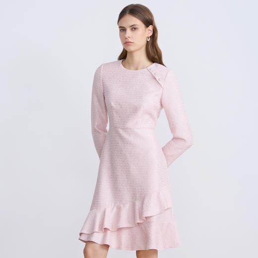 EITIE爱特爱精致粉色粗花呢荷叶裙摆圆领通勤秋季新款连衣裙C2507842 商品图2