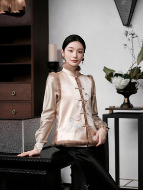 盛唐牡丹大师系列-卢梅红 | 重缎真丝水貂手绣棉马甲