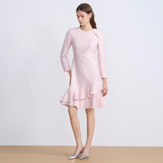 EITIE爱特爱精致粉色粗花呢荷叶裙摆圆领通勤秋季新款连衣裙C2507842 商品图1