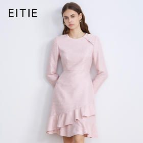 EITIE爱特爱精致粉色粗花呢荷叶裙摆圆领通勤秋季新款连衣裙C2507842