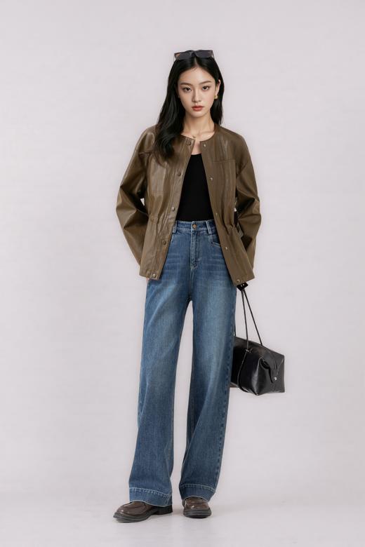 M1臣禾	【一手长皮衣】圆领抽绳PU皮利落中长款外套	JZ253010875预售7天左右 商品图2