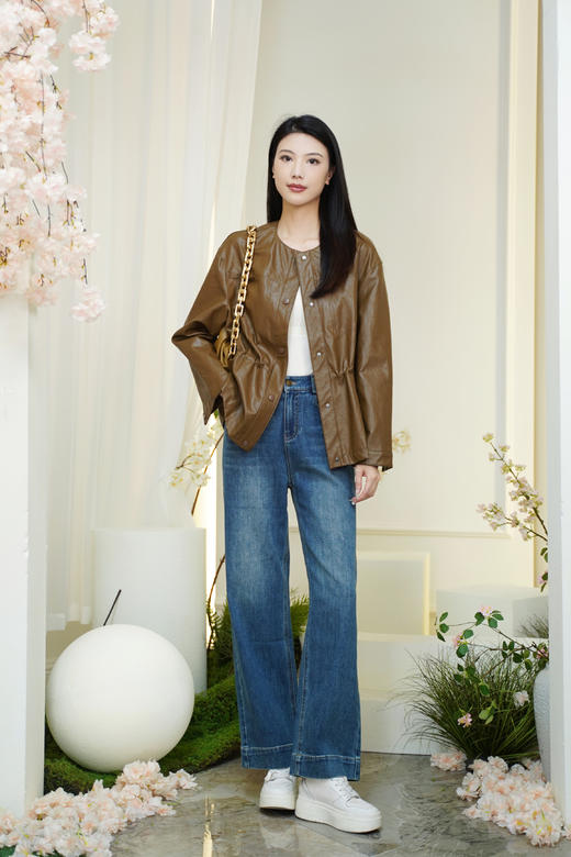 M1臣禾	【一手长皮衣】圆领抽绳PU皮利落中长款外套	JZ253010875预售7天左右 商品图1