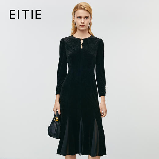 EITIE爱特爱优雅气质收腰拼接修身丝绒鱼尾连衣裙秋新款7907637 商品图0