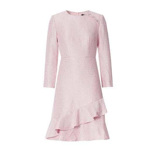 EITIE爱特爱精致粉色粗花呢荷叶裙摆圆领通勤秋季新款连衣裙C2507842 商品图5