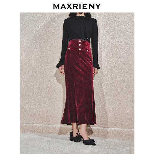 【商场同款】MAXRIENY安哥拉红鱼尾半裙25秋丝绒修身高腰包臀长裙(货号:MS85SK766) 商品图0