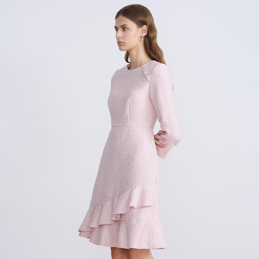 EITIE爱特爱精致粉色粗花呢荷叶裙摆圆领通勤秋季新款连衣裙C2507842 商品图3