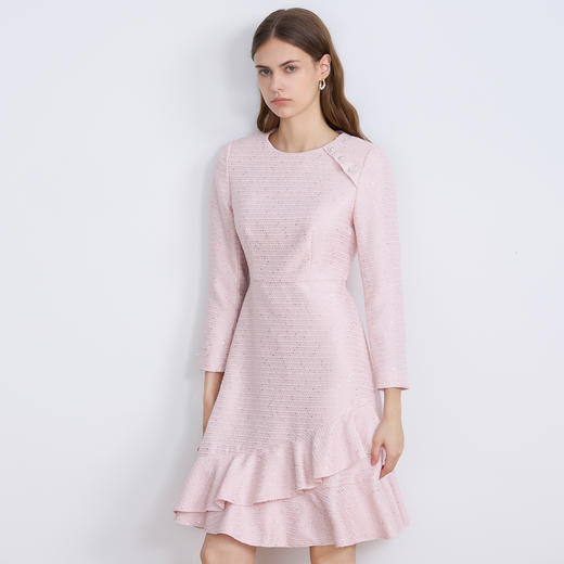 EITIE爱特爱精致粉色粗花呢荷叶裙摆圆领通勤秋季新款连衣裙C2507842 商品图4