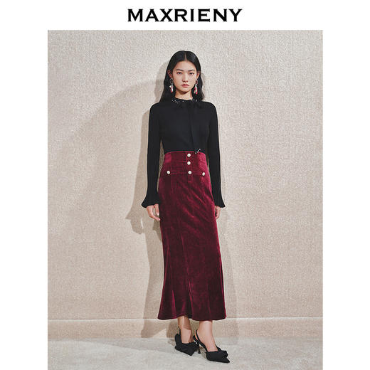 【商场同款】MAXRIENY安哥拉红鱼尾半裙25秋丝绒修身高腰包臀长裙(货号:MS85SK766) 商品图1