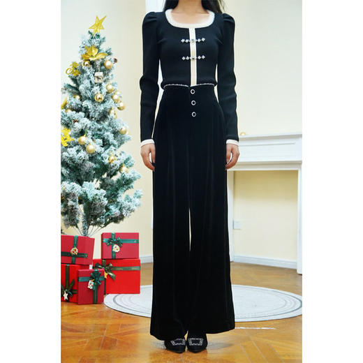 MAXRIENY精致复古丝绒长裤垂坠感宽松慵懒裤子女24冬新款钉珠花边(货号:MS85PA755) 商品图1