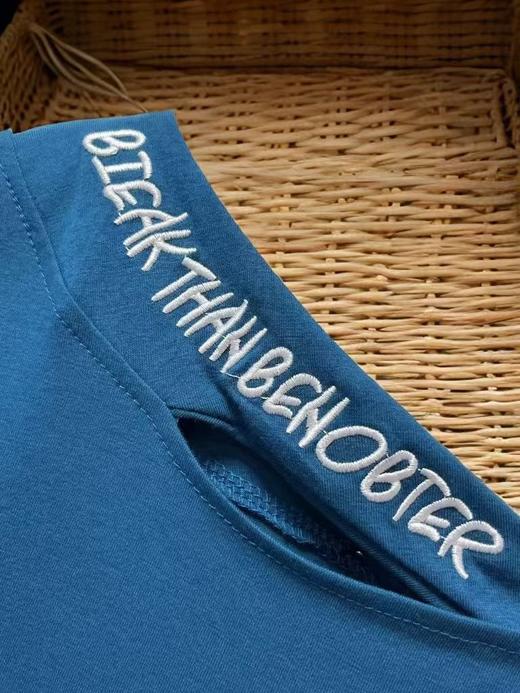 仅限11.11，不参与退 【孤品捡漏】G217 刺绣字母湖蓝镂空漏肩袖短袖T恤-喜出 商品图1