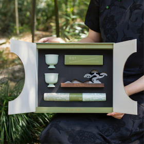 羽诗制造出品 方圆寸间竹编相框摆件青松胡桃木香插青松线香品茗杯织锦茶席文创礼盒