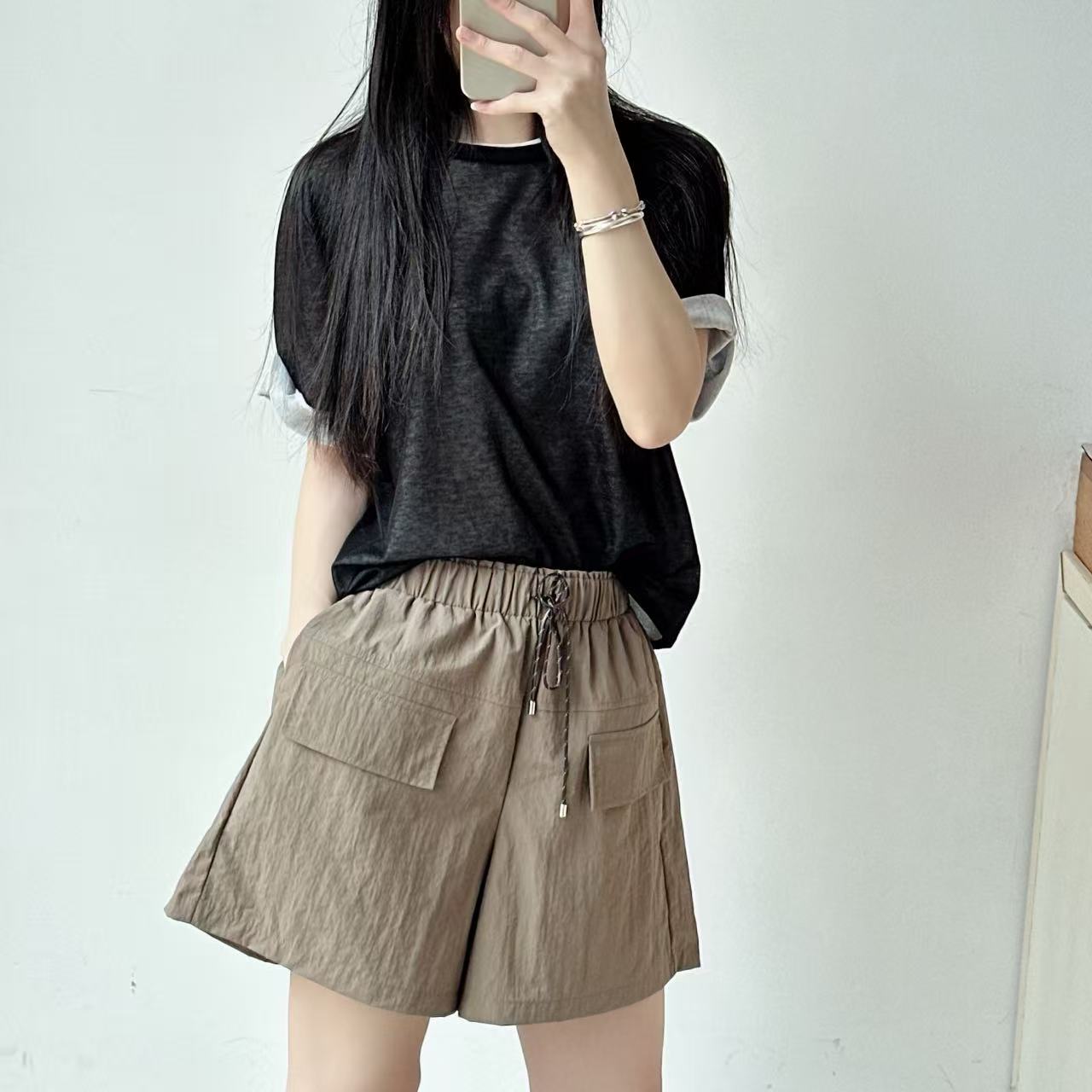 港风复古撞色假两件卷边针织衫短袖女夏季薄款宽松T恤