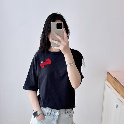 竹节棉高级灰植绒印花kitty控短袖T恤 商品图2
