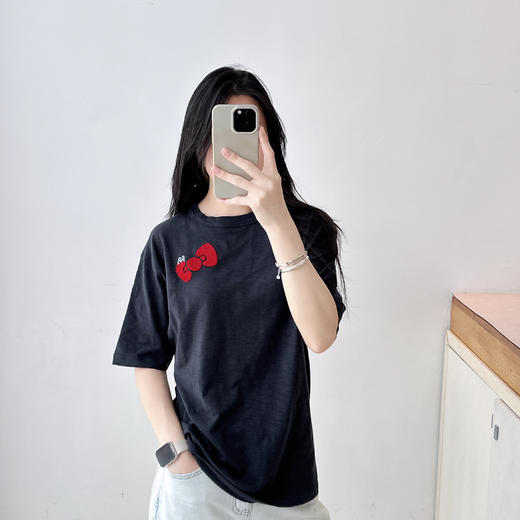 竹节棉高级灰植绒印花kitty控短袖T恤 商品图0