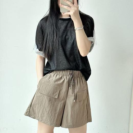 港风复古撞色假两件卷边针织衫短袖女夏季薄款宽松T恤 商品图1