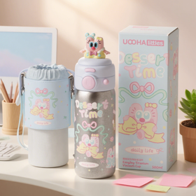 uooha悠哈简悦双饮纯钛保温杯翻糖重画-蓝粉 500m1