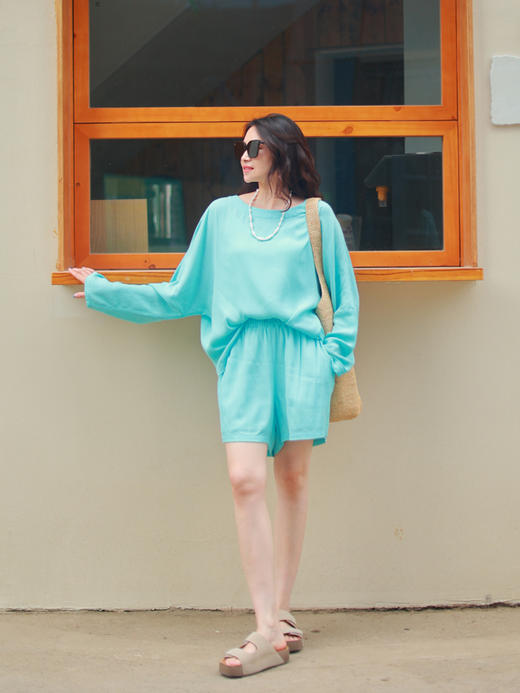 【抖音专属】新中式上衣+短裤（25708300+25709400d-清水蓝) 商品图3