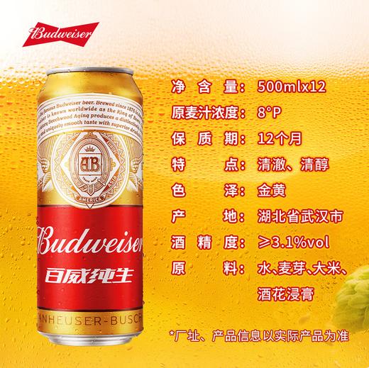 [啤酒]百威啤酒经典纯生500ml*12听 商品图2