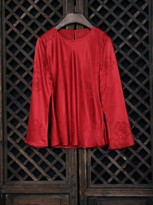 盛唐婧 | 真丝牡丹提花修身国风上衣-红色 商品图0