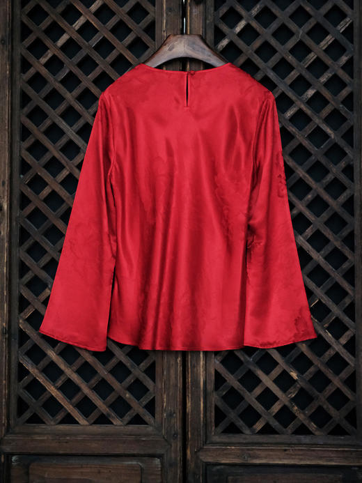 盛唐婧 | 真丝牡丹提花修身国风上衣-红色 商品图3