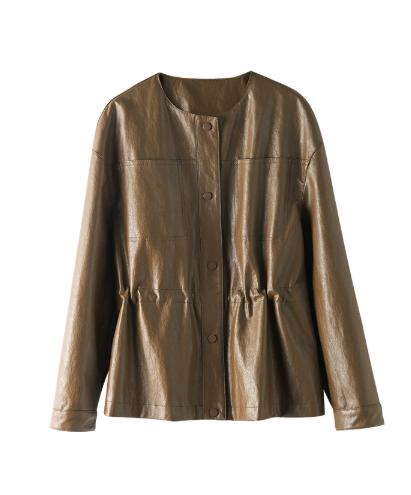 M1臣禾	【一手长皮衣】圆领抽绳PU皮利落中长款外套	JZ253010875预售7天左右 商品图9