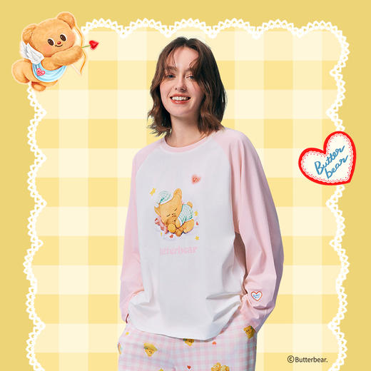 黄油小熊联名[瞌睡熊圆领套装]睡衣撞色萌趣可爱温馨格纹柔软亲肤家居服 商品图1