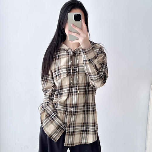复古撞色格纹连帽长袖衬衫女25新款宽松休闲百搭中长款衬衣 商品图2