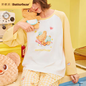 黄油小熊联名[瞌睡熊圆领套装]睡衣撞色萌趣可爱温馨格纹柔软亲肤家居服