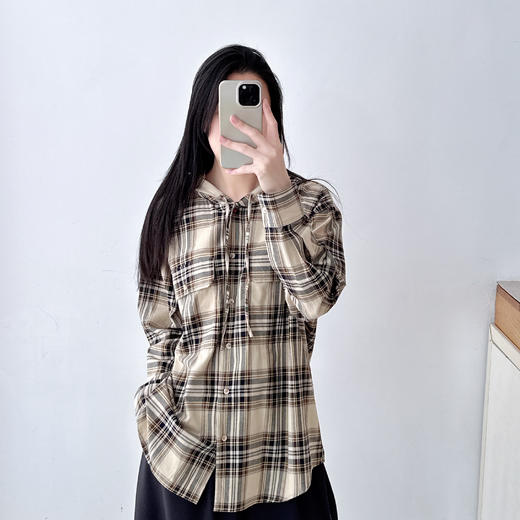 复古撞色格纹连帽长袖衬衫女25新款宽松休闲百搭中长款衬衣 商品图0