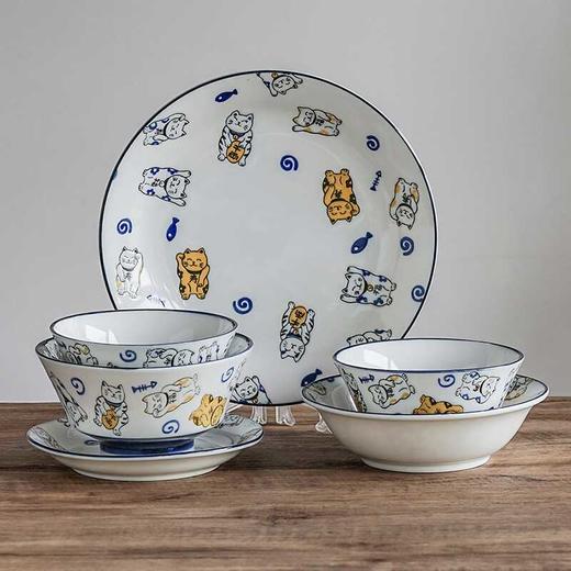 日本进口碗盘套装日式清新可爱手绘招财猫米饭碗汤碗小碟菜盘大盘美浓烧幸运猫散件 商品图0