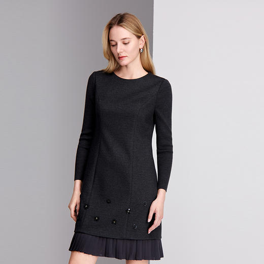 EITIE爱特爱手工钉珠花压褶拼接设计秋冬保暖连衣裙8407117 商品图3