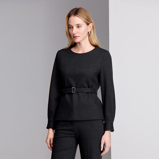 EITIE爱特爱简洁圆领分割设计配腰带收腰显瘦上衣8413104 商品图5