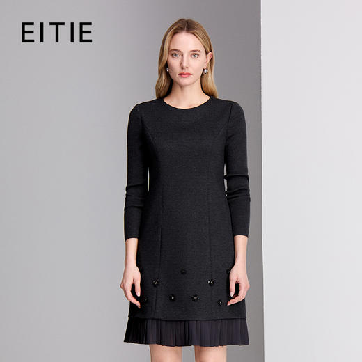 EITIE爱特爱手工钉珠花压褶拼接设计秋冬保暖连衣裙8407117 商品图0