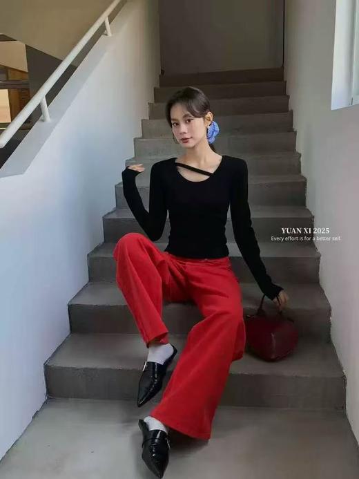 冰点价！仅限11.11！退货勿拍【秋上新】25013斜杠U领高弹力螺纹修身长袖长袖上衣-喜出 商品图4